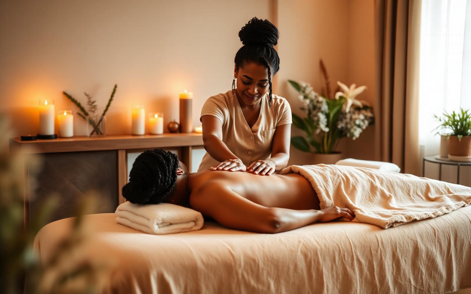 A massage therapist providing a relaxing massage in a warm, candlelit studio